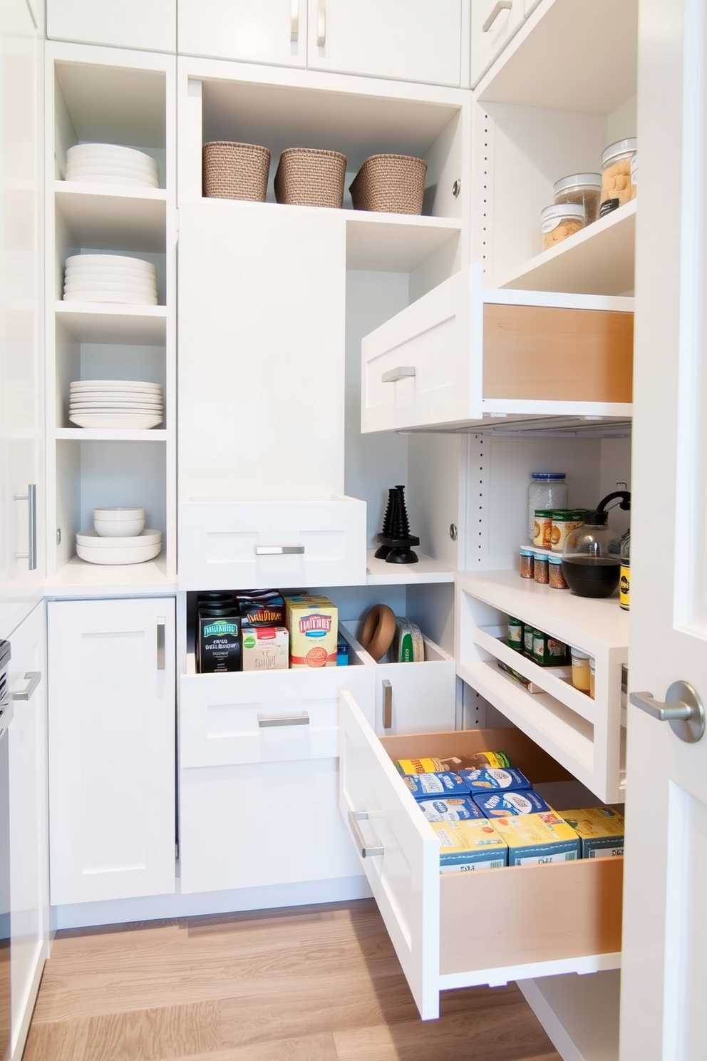 A modern townhouse pantry featuring pull-out drawers for efficient storage. The cabinetry is finished in a sleek white with brushed nickel handles, and the drawers are organized for easy access to dry goods and kitchen essentials.