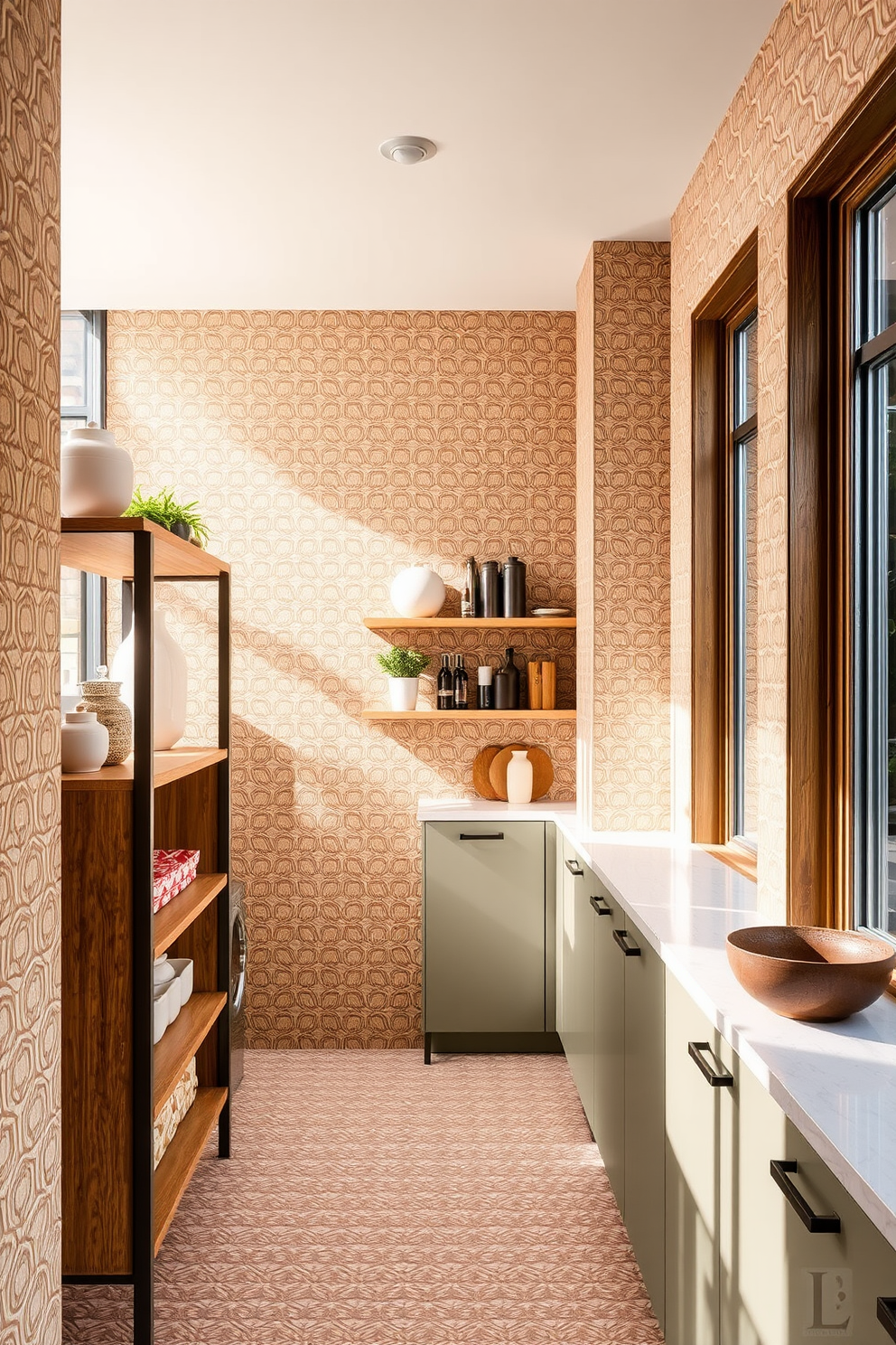 Textured tiles create a stylish backdrop in a modern townhouse pantry. The walls are adorned with intricate geometric tiles in soft earth tones, providing a warm and inviting atmosphere. A sleek wooden shelving unit showcases an array of kitchen essentials and decorative items. The pantry features a large window that allows natural light to flood the space, enhancing the overall aesthetic.