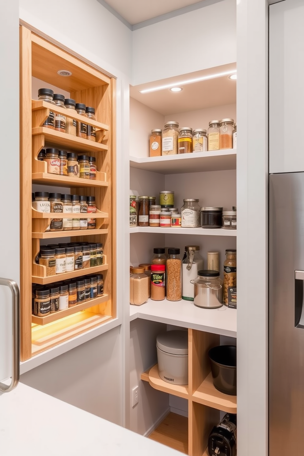 A modern townhouse pantry design featuring built-in spice racks for optimal organization. The racks are crafted from natural wood, neatly displaying a variety of spices in clear jars for easy access. The pantry includes open shelving for additional storage, complemented by soft LED lighting that highlights the contents. A sleek countertop provides space for meal prep, enhancing both functionality and style.