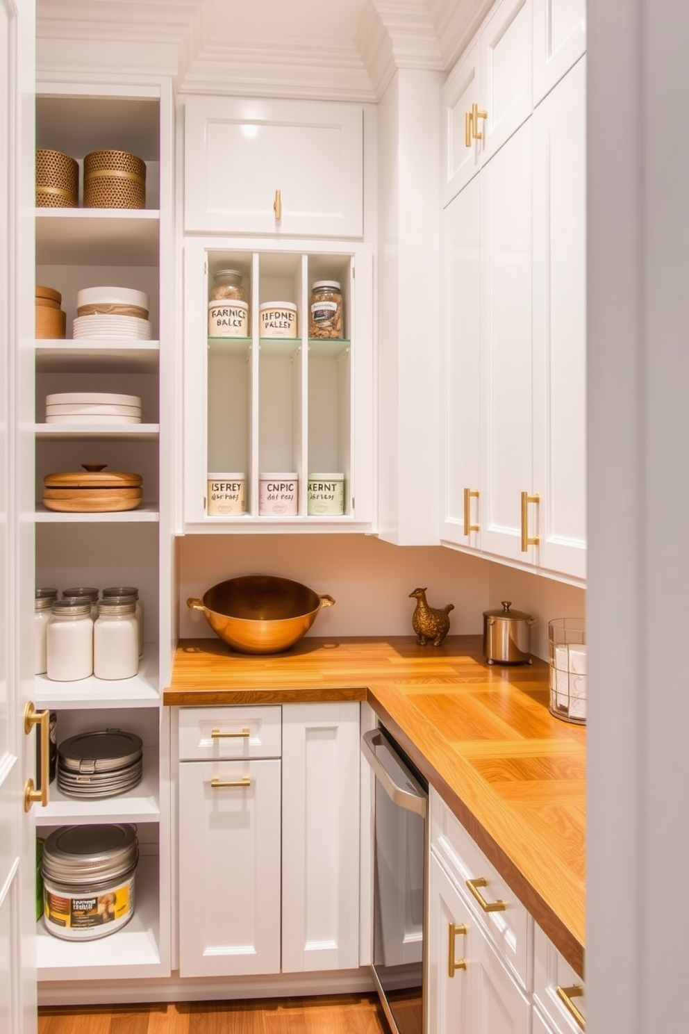 A stylish townhouse pantry featuring vertical dividers specifically designed for baking sheets. The cabinetry is painted in a soft white, with sleek gold hardware complementing the overall aesthetic. The pantry includes open shelving for easy access to ingredients and stylish storage containers. A warm wood countertop provides a perfect workspace for meal prep and organizing baking essentials.