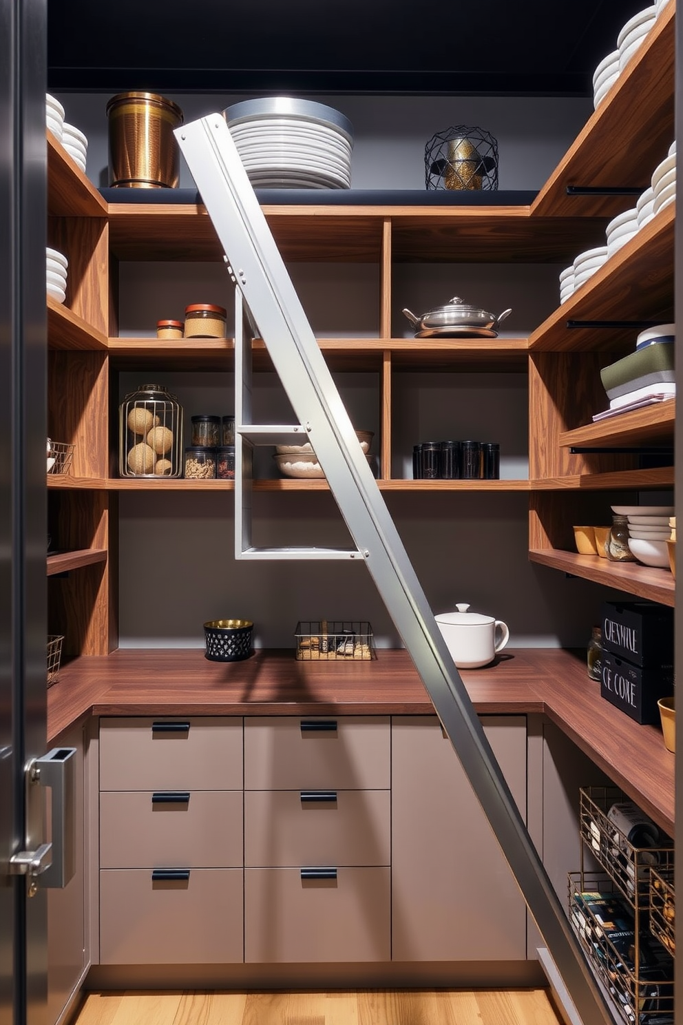 A stylish townhouse pantry featuring a sleek ladder for high shelf access. The design incorporates open shelving with a mix of wooden and metal elements, creating a modern yet functional space.