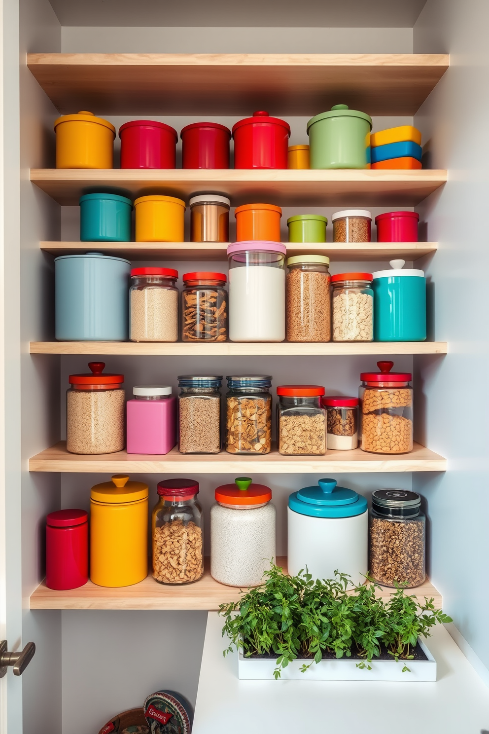 Colorful containers in various shapes and sizes are neatly arranged on open shelves, creating a vibrant focal point in the pantry. The shelves are made of light wood, and the walls are painted a soft white to enhance the brightness of the containers. Incorporate a mix of ceramic and glass jars, each filled with grains, snacks, and spices, adding both functionality and style. A small herb garden sits on the countertop, bringing a touch of greenery and freshness to the space.