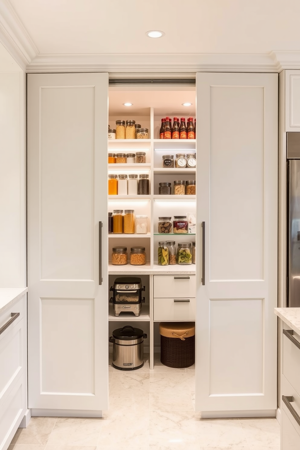 A hidden pantry seamlessly integrated behind elegant cabinet doors creates a sense of surprise and sophistication in a townhouse kitchen. The cabinetry features a sleek finish in a soft white hue, complementing the overall design while providing ample storage for kitchen essentials. Inside the pantry, organized shelves display a variety of jars and containers, showcasing a blend of functionality and style. Soft LED lighting illuminates the space, highlighting the carefully curated items and enhancing the inviting atmosphere.