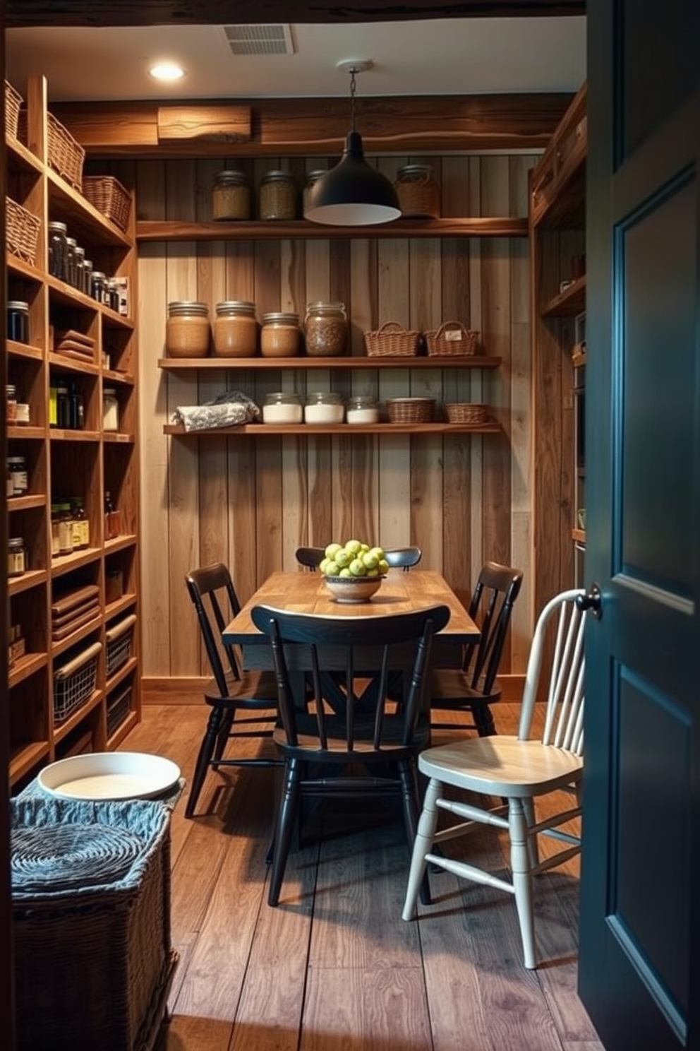 A cozy townhouse pantry featuring rustic wood accents that add warmth and charm. The space includes open shelving made of reclaimed wood, displaying neatly organized jars and baskets for storage. A farmhouse-style table sits in the center, surrounded by mismatched chairs that enhance the inviting atmosphere. Soft, ambient lighting illuminates the room, highlighting the natural textures of the wood and creating a welcoming environment.