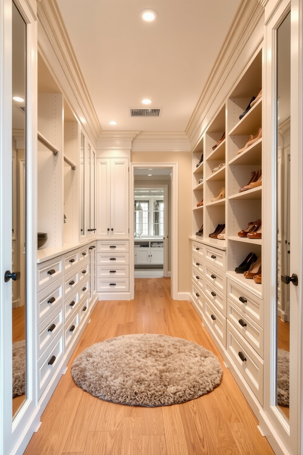 A spacious walk-in closet featuring a soft neutral color palette with warm beige walls and creamy white cabinetry. The flooring is a light oak wood, providing a warm contrast to the soft tones of the space. Elegant shelving units are arranged to display shoes and accessories, while a plush area rug adds comfort underfoot. Soft lighting fixtures are strategically placed to enhance the ambiance, creating a serene and inviting atmosphere.