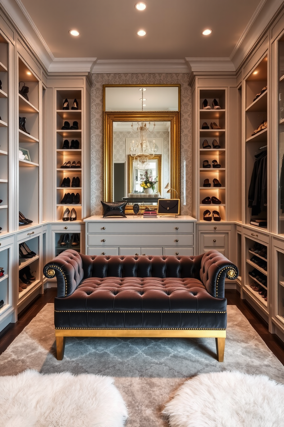 A luxurious velvet upholstered bench is positioned in the center of a spacious townhouse walk-in closet. The bench features elegant gold accents and is surrounded by custom cabinetry filled with neatly organized shoes and accessories. Soft ambient lighting highlights the rich textures of the velvet while a large mirror reflects the stylish design. The walls are adorned with chic wallpaper, and plush rugs add warmth to the sophisticated space.