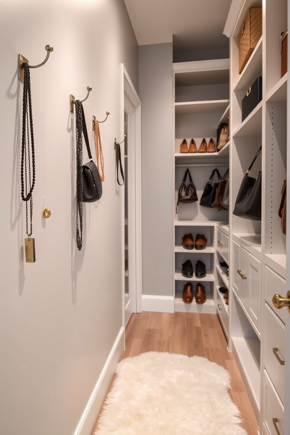 A stylish townhouse walk-in closet features wall-mounted hooks elegantly arranged for accessories. The hooks are made of brushed nickel, providing a modern touch against the soft gray walls. The closet is spacious and well-lit, with built-in shelving for shoes and bags. A plush area rug adds warmth to the space, creating an inviting atmosphere for organizing personal items.