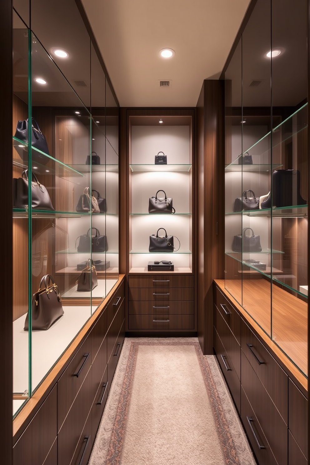 A luxurious townhouse walk-in closet features elegant glass display cases for handbags, showcasing a curated collection of designer pieces. The space is illuminated by soft recessed lighting, highlighting the rich textures of the custom cabinetry and plush carpet underfoot.