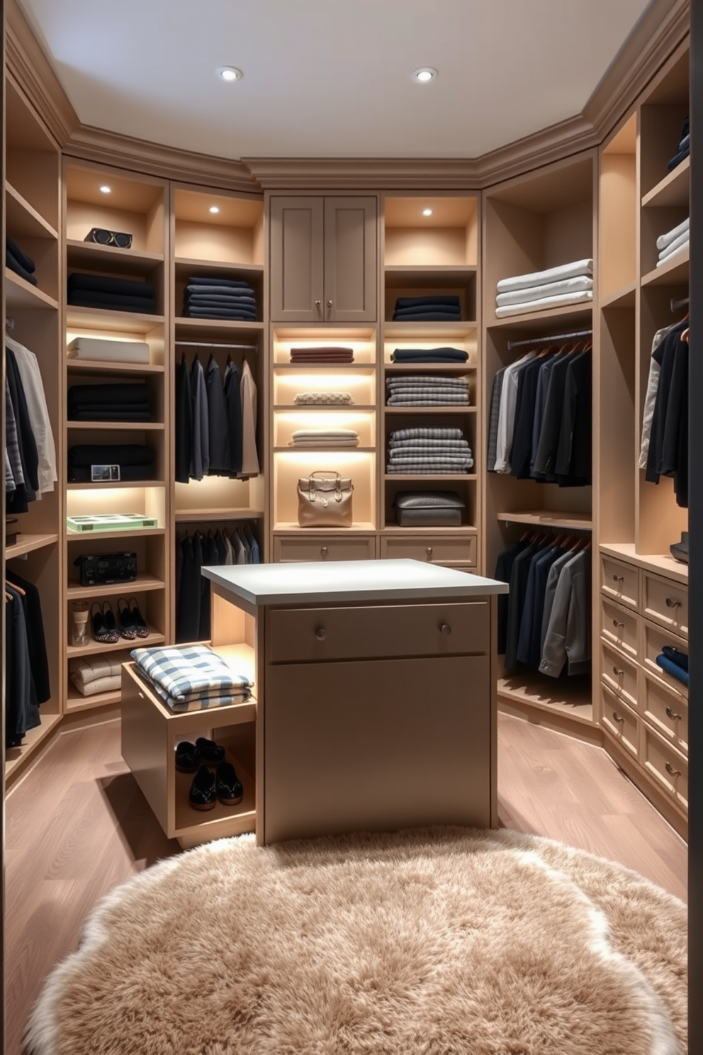 A stylish townhouse walk-in closet featuring hidden storage compartments integrated into a central island. The island is topped with a sleek countertop, surrounded by custom cabinetry that maximizes space while maintaining an elegant aesthetic. Soft lighting illuminates the area, highlighting the organized shelves filled with neatly folded clothes and accessories. A plush area rug adds warmth, creating a cozy atmosphere that invites you to explore the thoughtfully designed storage solutions.