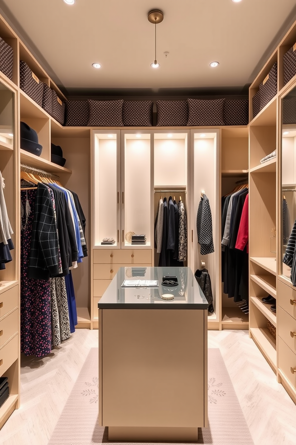 Bright task lighting illuminates the spacious townhouse walk-in closet, enhancing its functionality and creating an inviting atmosphere. The closet features custom shelving and hanging rods, with a central island topped with a sleek countertop for accessories and jewelry display.