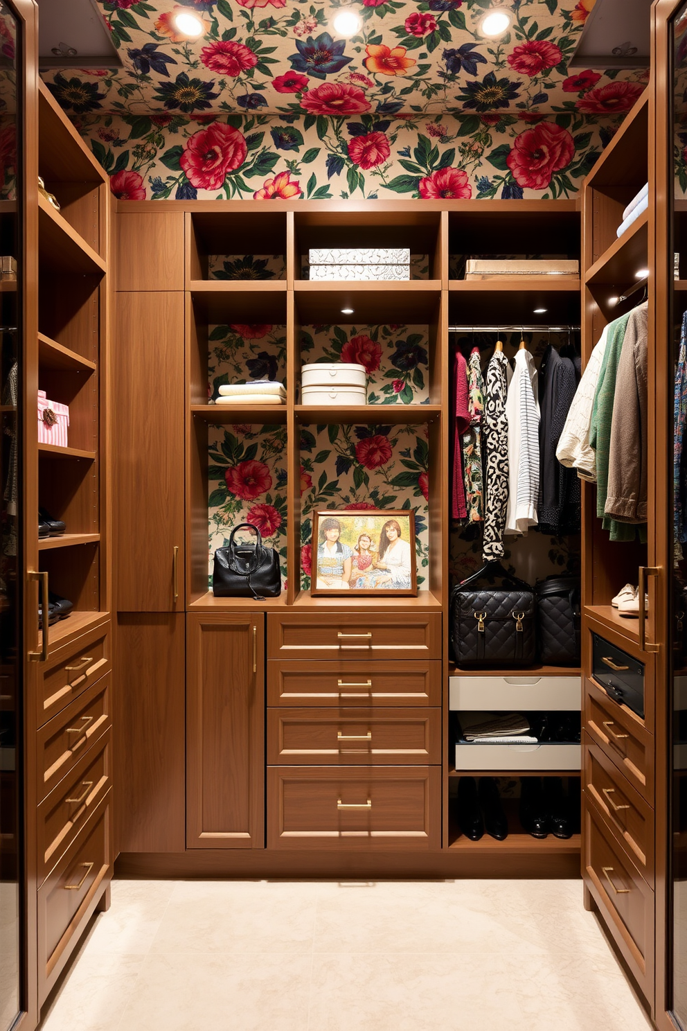 A stylish walk-in closet features decorative wallpaper that adds personality and flair to the space. The wallpaper showcases a bold floral pattern in vibrant colors, creating a lively backdrop for the elegant shelving and hanging racks. The closet is designed with ample storage solutions, including built-in drawers and shoe displays. Soft lighting illuminates the space, highlighting the luxurious finishes of the cabinetry and the carefully curated accessories on display.