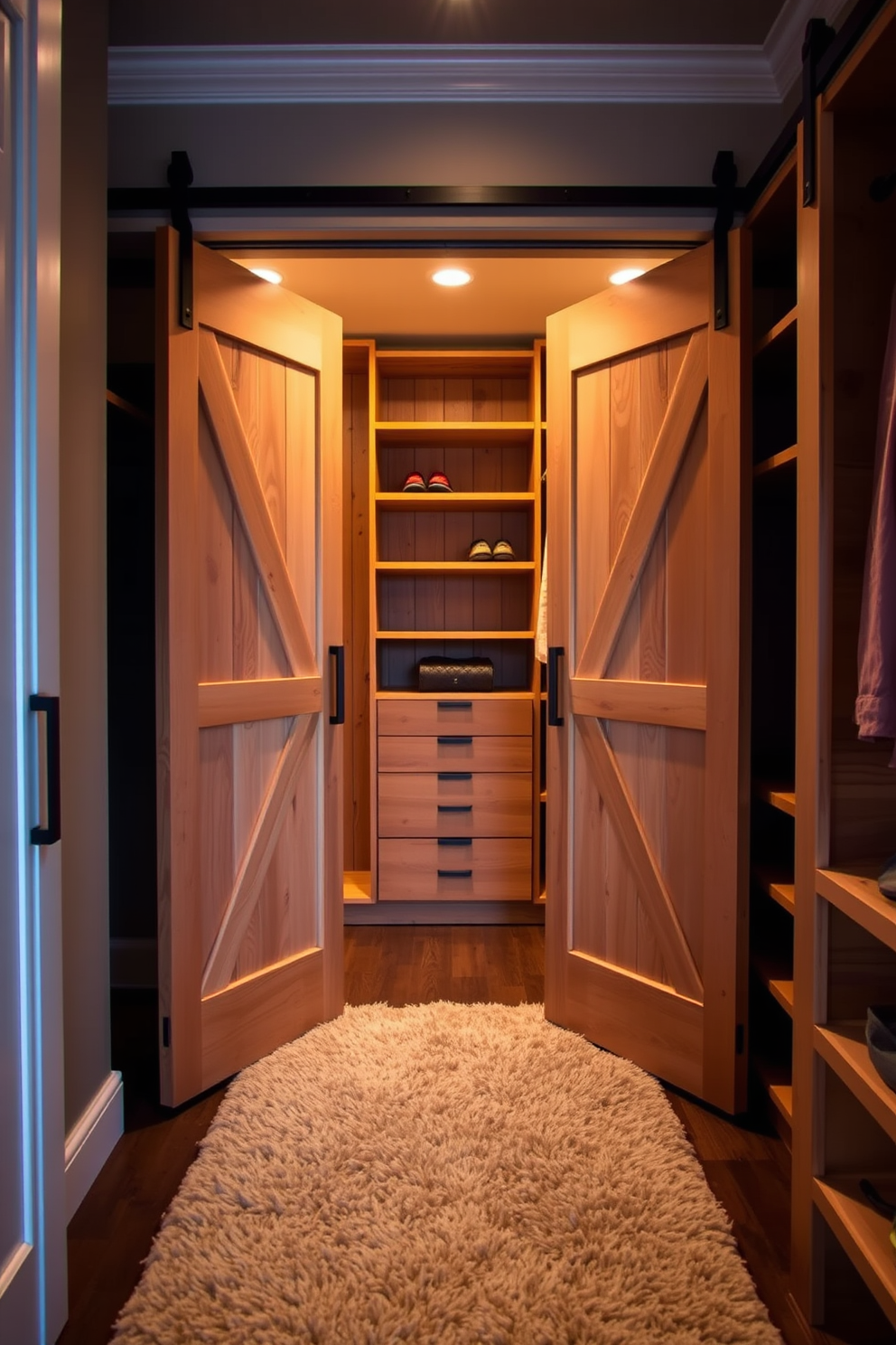 A cozy walk-in closet featuring sliding barn doors that add rustic charm to the space. The interior is lined with wooden shelves and hanging rods, complemented by soft ambient lighting that highlights the warm tones of the wood. The closet is designed to maximize storage while maintaining an inviting atmosphere. A plush area rug in neutral tones lies underfoot, creating a comfortable space to explore your wardrobe.