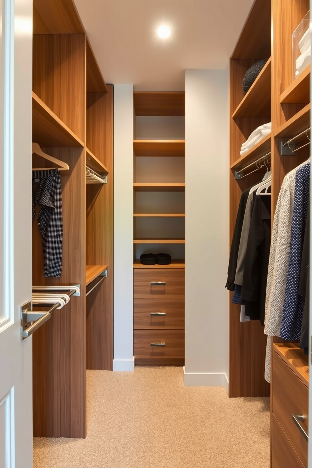 A modern townhouse walk-in closet featuring multi-tiered hanging rods for optimal organization. The space is illuminated by soft recessed lighting, highlighting the elegant wood finishes and plush carpet underfoot.