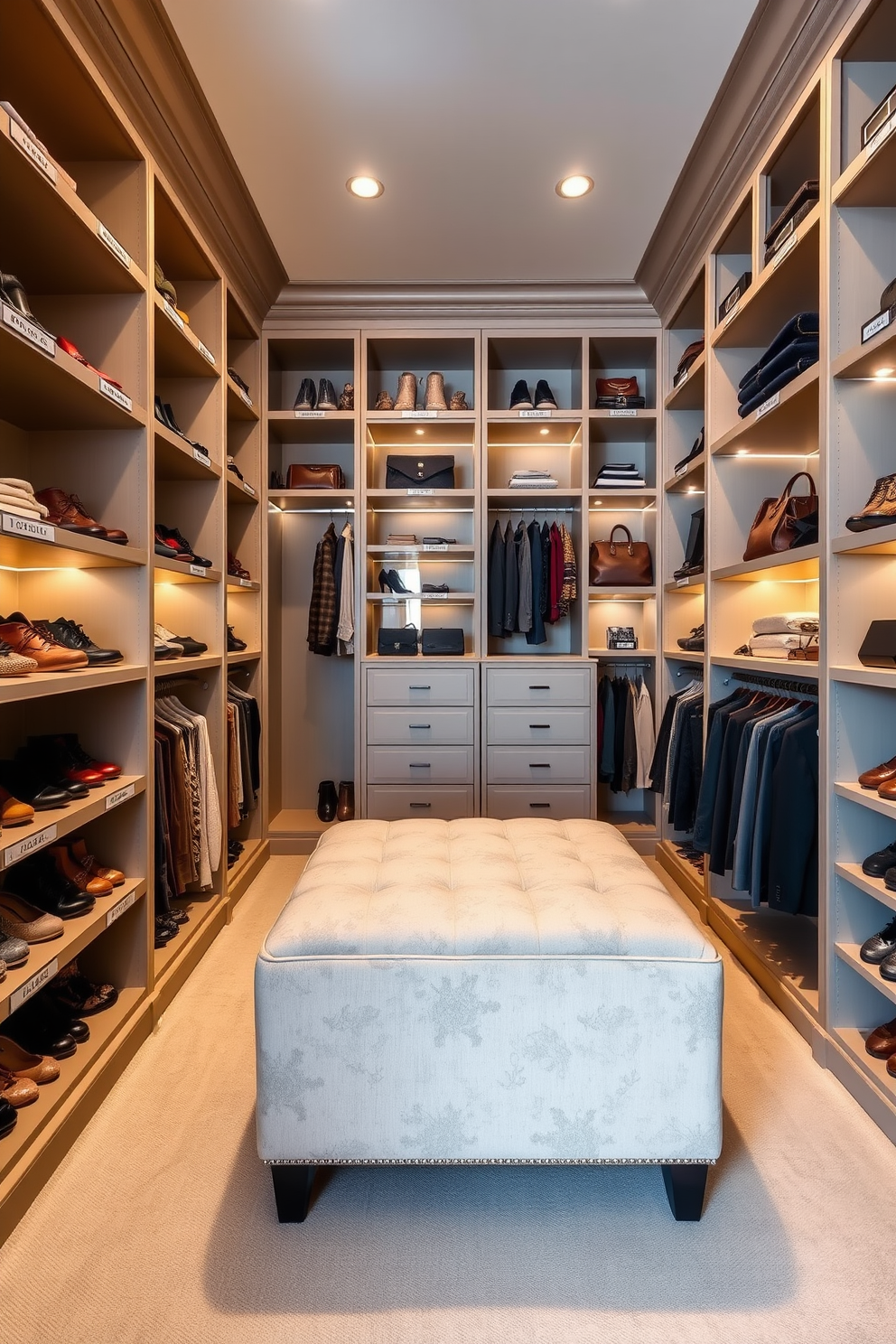 A luxurious townhouse walk-in closet designed for optimal organization and style. Custom shelving units line the walls, featuring personalized labels for easy identification of shoes, bags, and accessories. A plush ottoman sits in the center of the space, upholstered in a soft fabric that complements the color palette. Soft lighting fixtures illuminate the closet, creating an inviting atmosphere while highlighting the elegant finishes.