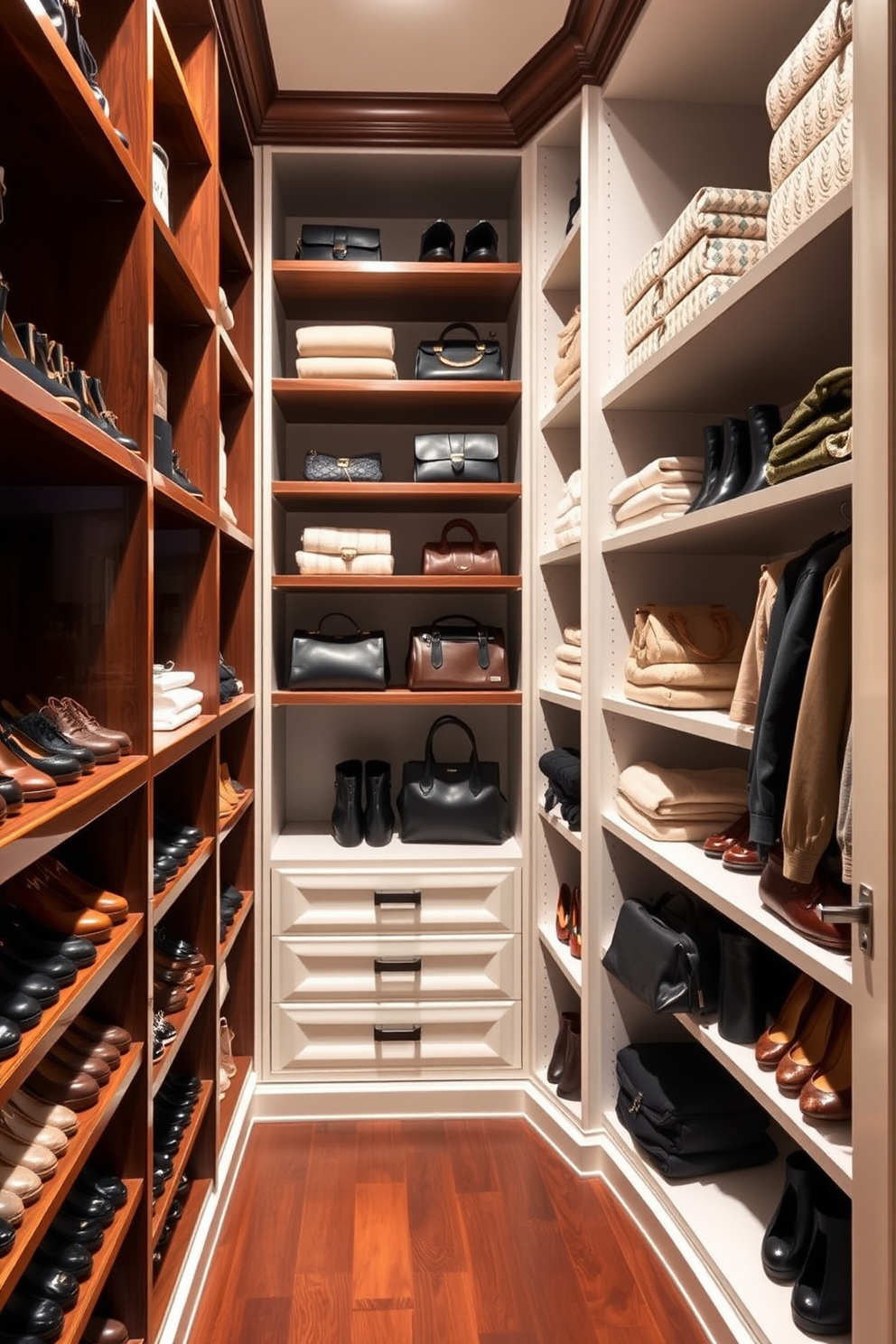 A luxurious townhouse walk-in closet features floor to ceiling shelving units crafted from rich dark wood. The shelves are neatly organized with an array of designer shoes, handbags, and folded clothing, creating a chic and functional space.