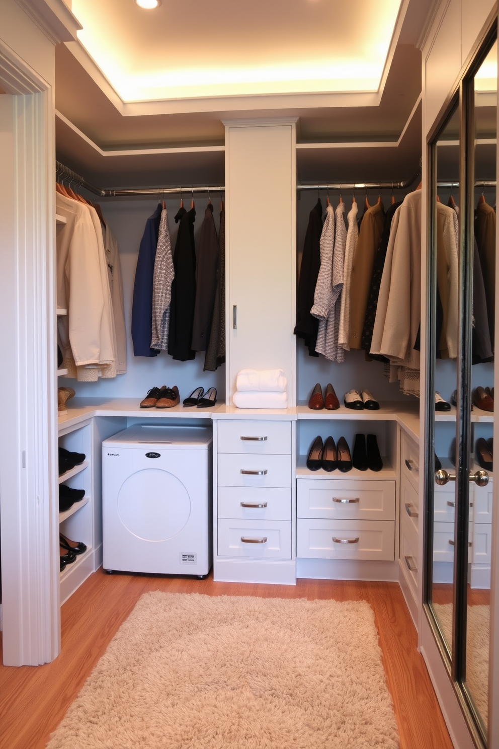 A stylish walk-in closet featuring an integrated laundry hamper for convenience. The space includes custom shelving for shoes and accessories, with soft lighting highlighting the organized layout. The walls are painted in a calming neutral tone, complemented by a plush area rug underfoot. Elegant hanging rods display a curated selection of clothing, while a full-length mirror enhances the sense of space.