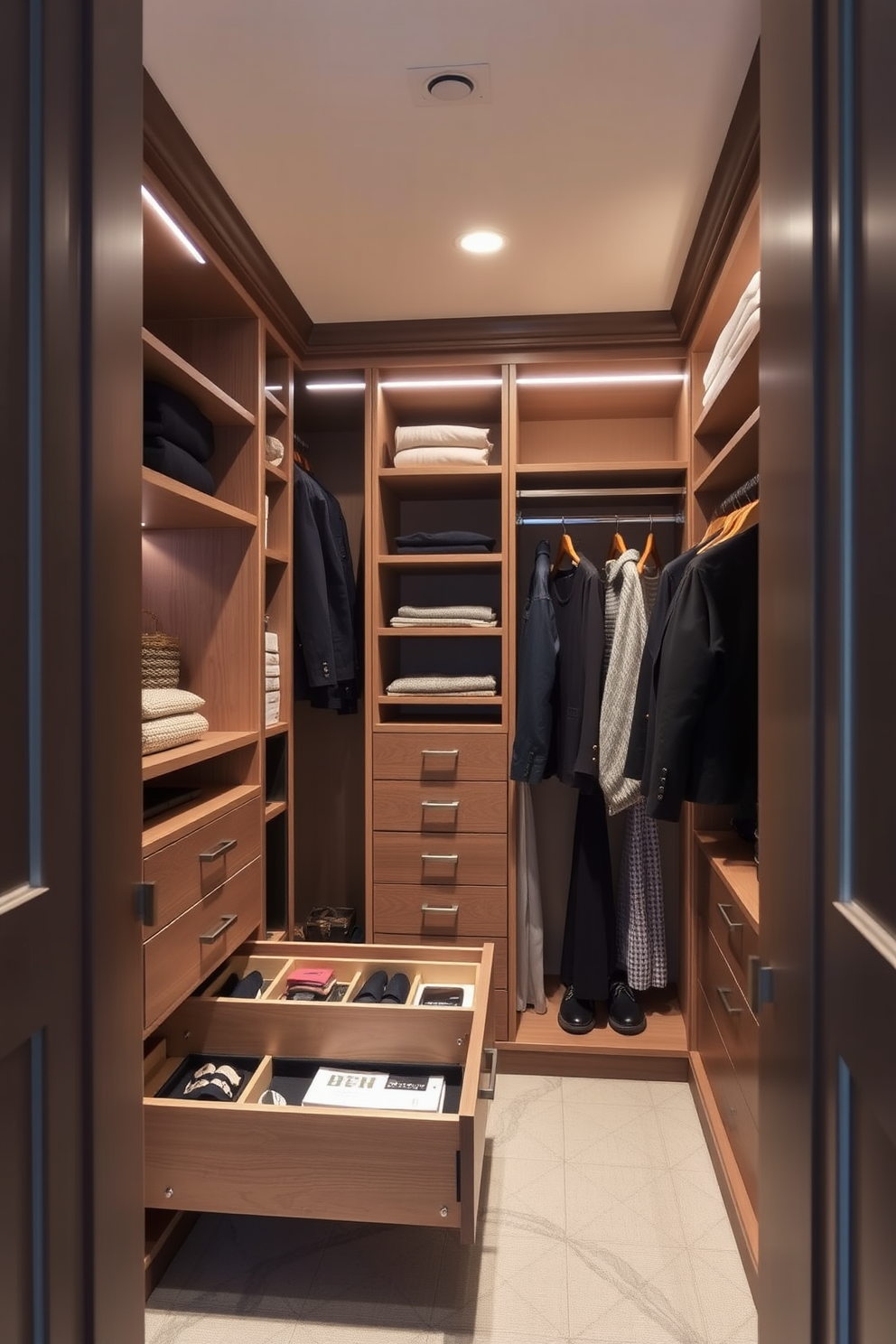 A stylish townhouse walk-in closet featuring pull-out drawers for small items. The design includes custom shelving and hanging space, maximizing storage while maintaining an elegant aesthetic.