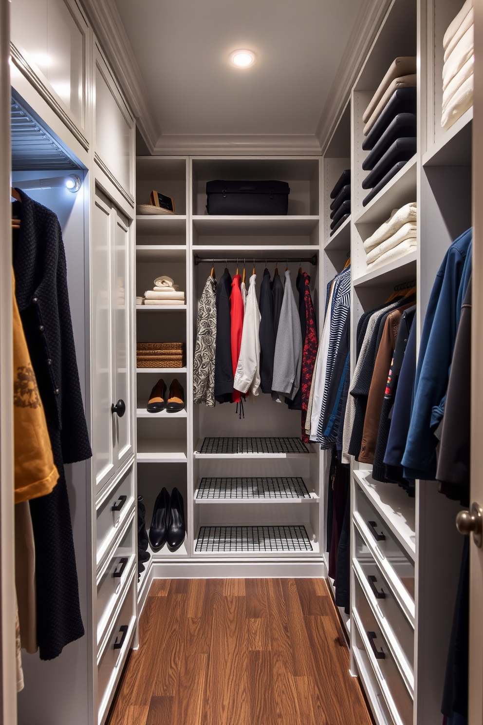 A stylish townhouse walk-in closet features adjustable shelving that allows for customizable storage solutions. The space is illuminated by soft lighting, highlighting the elegant finishes and organized layout.