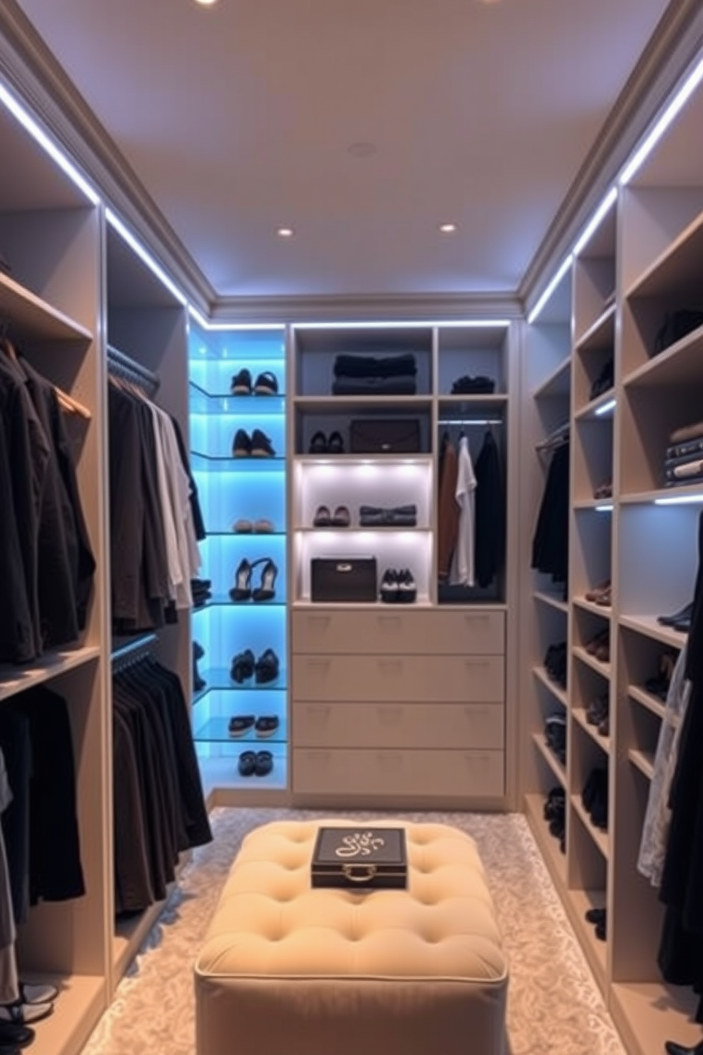 A stylish walk-in closet featuring accent lighting that highlights the elegant shelving and hanging spaces. Soft LED lights are installed along the edges of the shelves, creating a warm and inviting atmosphere. The closet is designed with a mix of open and closed storage, showcasing a variety of shoes and accessories. A plush ottoman sits in the center, providing a comfortable spot for dressing and organizing outfits.