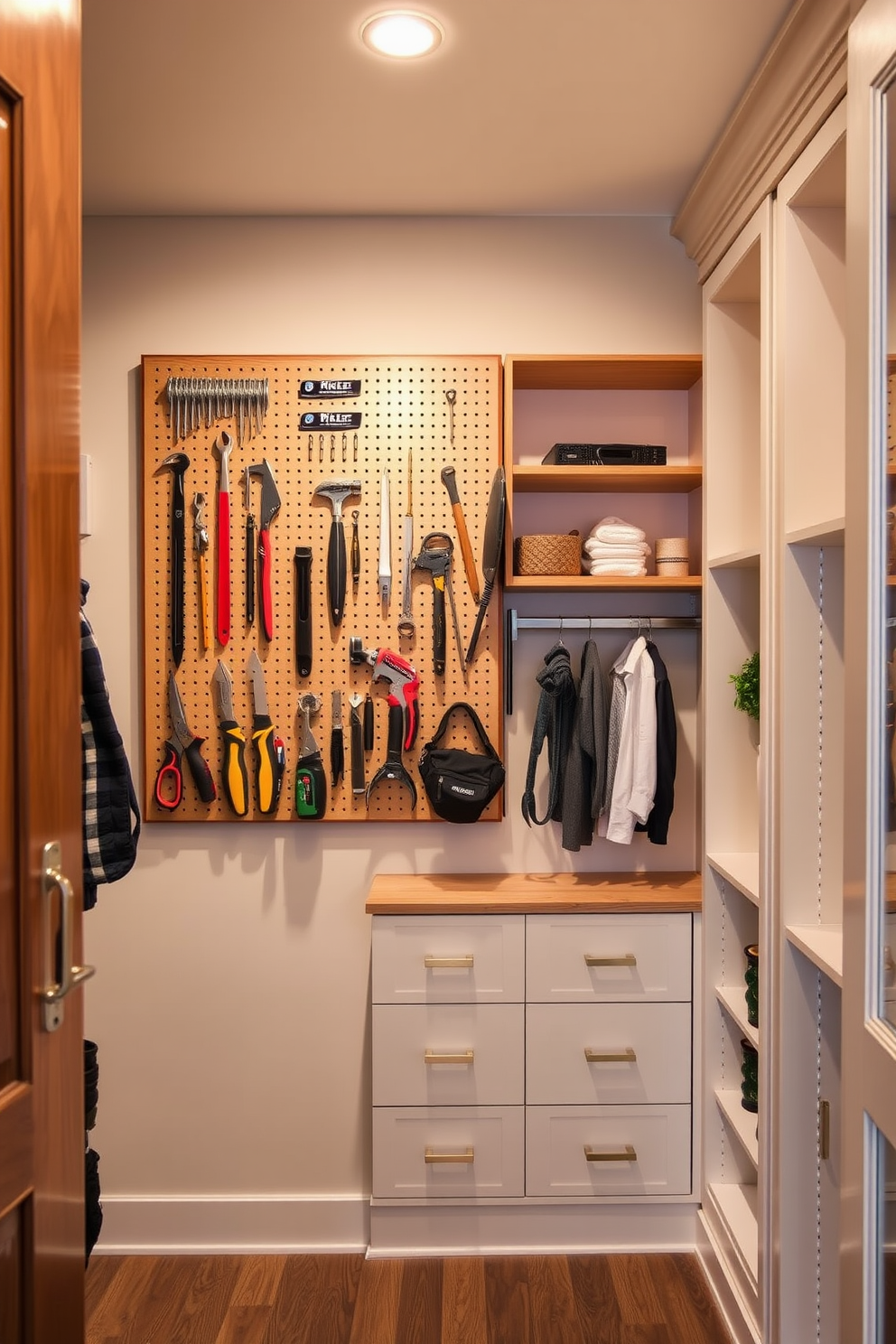 A functional pegboard for tools and accessories is mounted on the wall, providing easy access and organization for various items. The pegboard features a mix of hooks and shelves, allowing for versatile storage solutions in a stylish manner. The townhouse walk-in closet is designed with elegant built-in shelving and hanging space, maximizing storage while maintaining a sleek appearance. Soft lighting illuminates the space, highlighting the rich wood finishes and providing a warm atmosphere.