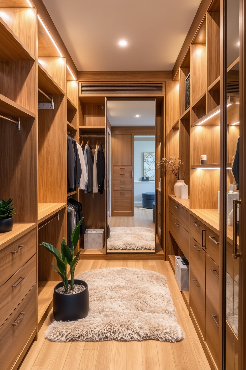 Natural wood finishes create a warm and inviting atmosphere in a townhouse walk-in closet. The space features custom shelving and hanging areas crafted from rich oak, complemented by soft LED lighting that highlights the textures of the wood. A plush area rug adds comfort underfoot, while a full-length mirror is strategically placed to enhance the sense of space. Decorative elements like potted plants and stylish storage boxes contribute to an organized yet aesthetically pleasing design.