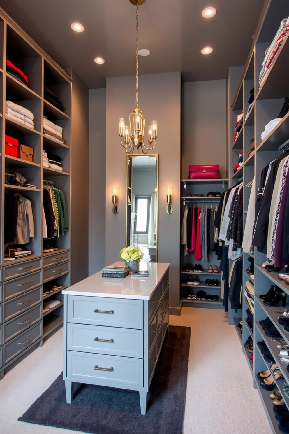 A stylish walk-in closet that maximizes vertical space features floor-to-ceiling shelving and hanging rods. The walls are painted in a soft gray, providing a neutral backdrop for colorful accessories and clothing. A central island with drawers for storage is surrounded by organized shoe racks and elegant lighting fixtures. Mirrors are strategically placed to enhance the sense of space and reflect the natural light coming from a nearby window.