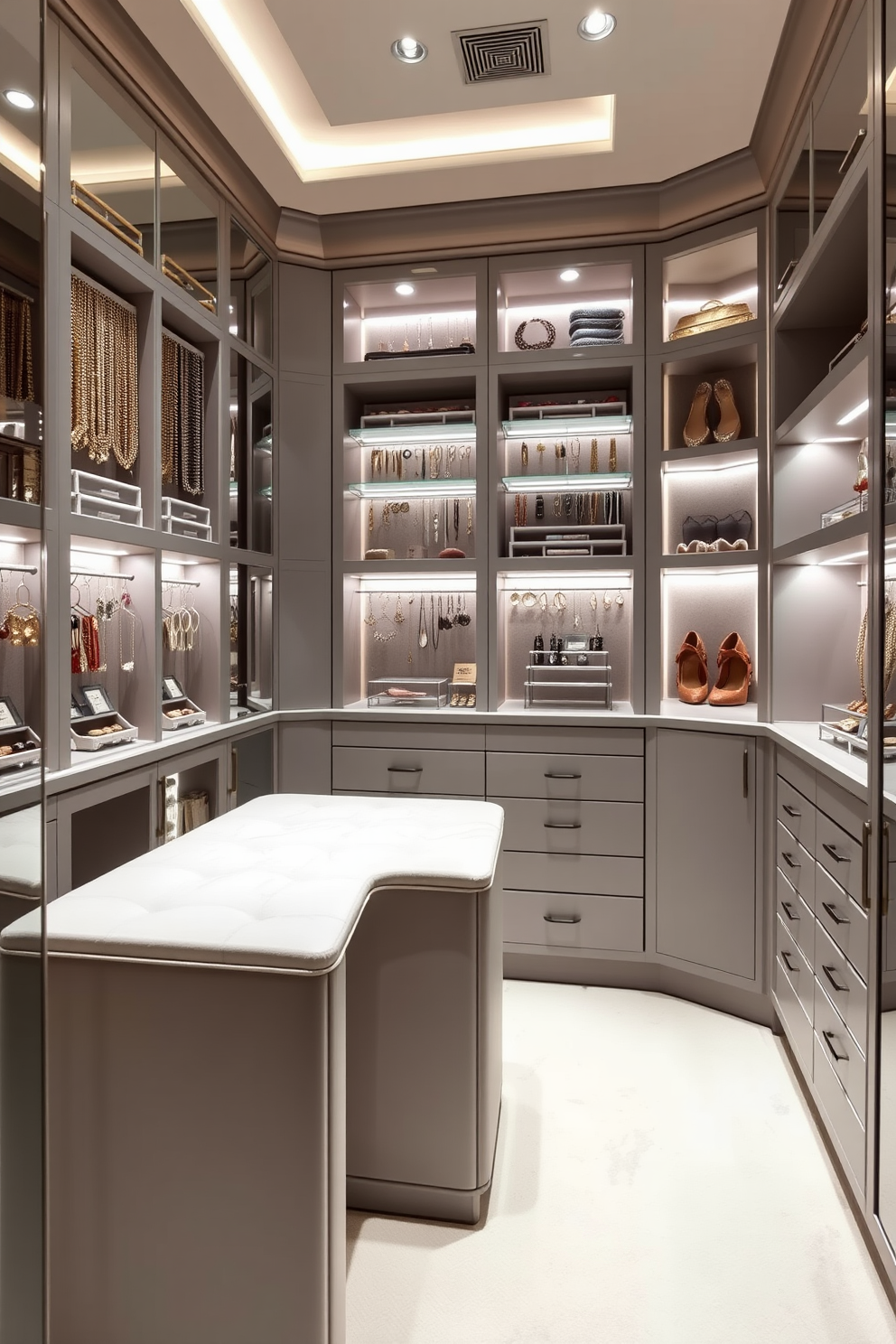 A luxurious walk-in closet designed for jewelry storage features custom cabinetry with velvet-lined drawers for delicate pieces. The space is illuminated by soft LED lighting, highlighting a stunning display of necklaces and earrings arranged elegantly. The closet includes a central island with additional storage and a plush seating area for comfort. Mirrored accents enhance the sense of space, while a chic color palette of soft grays and whites creates a serene atmosphere.