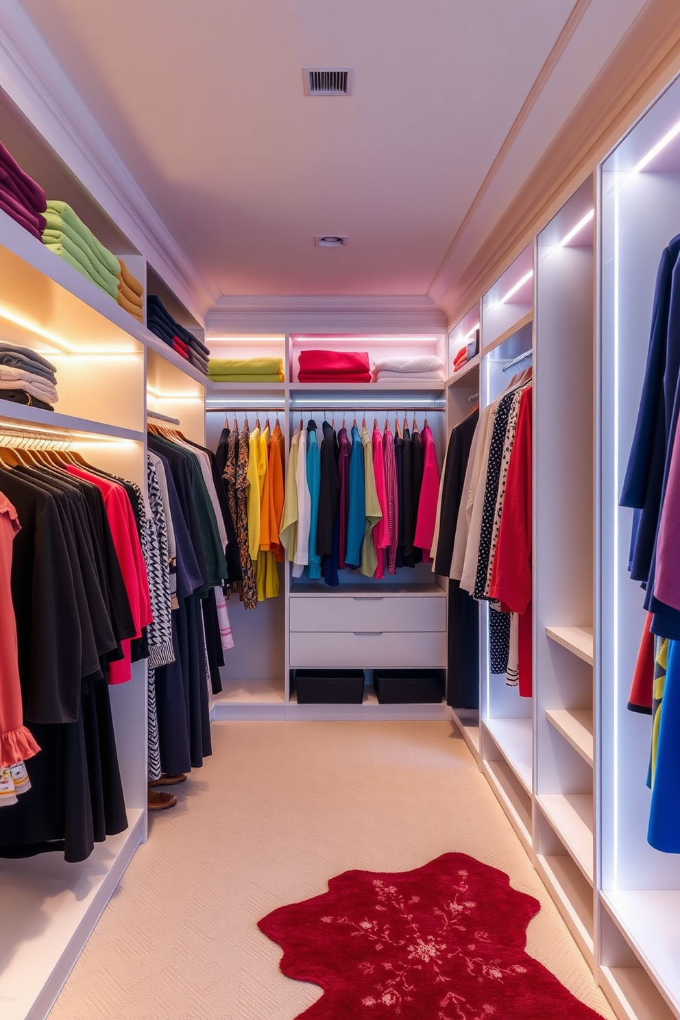 A stylish walk-in closet designed for a townhouse features a color-coordinated clothing display that showcases an array of garments organized by hue. Elegant shelving units line the walls, with soft lighting illuminating the vibrant colors of the clothing, creating a visually appealing and inviting atmosphere.