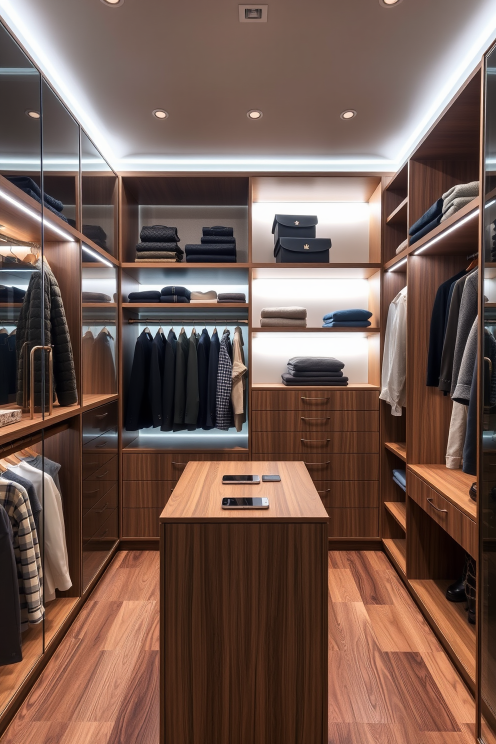 A modern townhouse walk-in closet featuring smart technology for organization. The space includes automated shelving that adjusts to accommodate various clothing items and accessories. Incorporated LED lighting illuminates the closet, highlighting a sleek design with a blend of wood and glass finishes. A central island with charging stations and pull-out drawers enhances functionality while maintaining a stylish appearance.