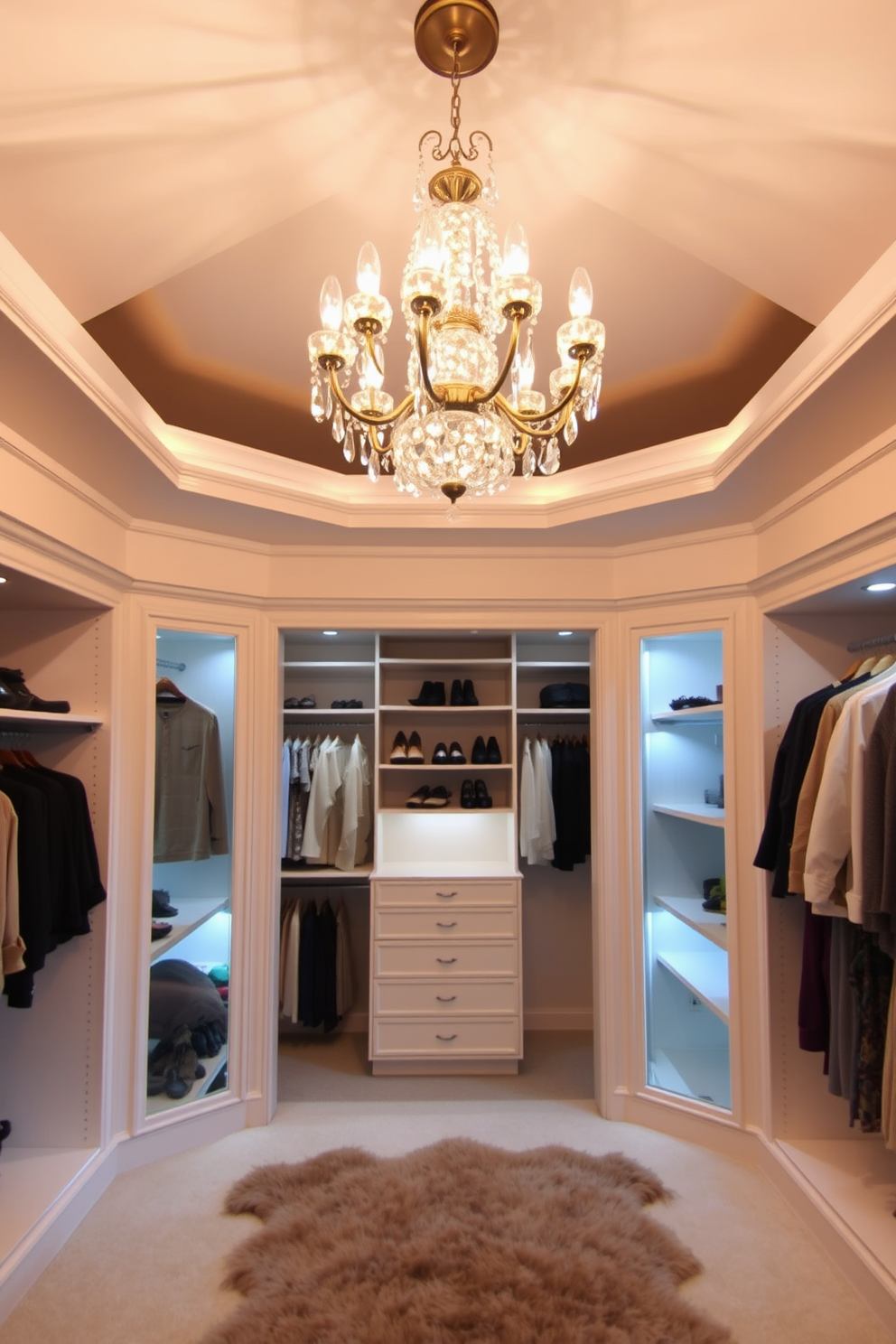 An elegant chandelier hangs gracefully from the ceiling, casting a warm and inviting glow throughout the space. The chandelier features intricate crystal details that reflect light beautifully, enhancing the overall ambiance of the room. The walk-in closet is designed with custom shelving and hanging spaces, providing ample storage for clothing and accessories. Soft lighting illuminates the organized displays, while a plush area rug adds a touch of luxury underfoot.