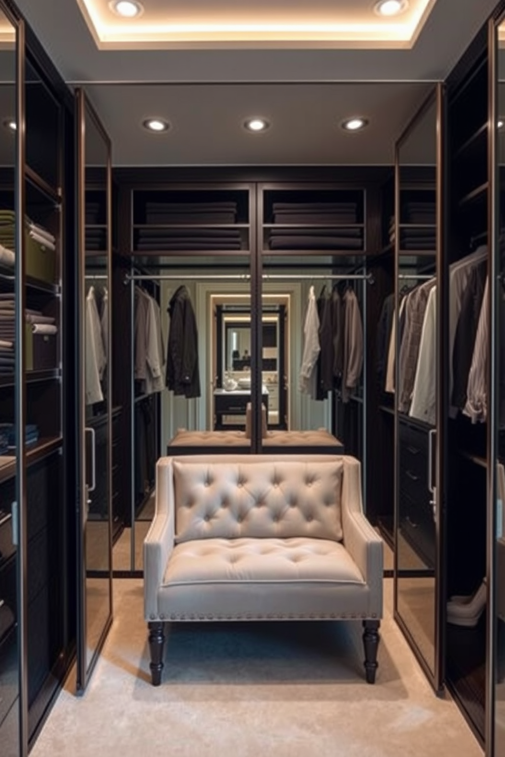 A luxurious walk-in closet featuring mirrored sliding doors that create a sense of depth and spaciousness. The closet is elegantly organized with custom shelving, hanging rods, and a plush seating area for a sophisticated touch.