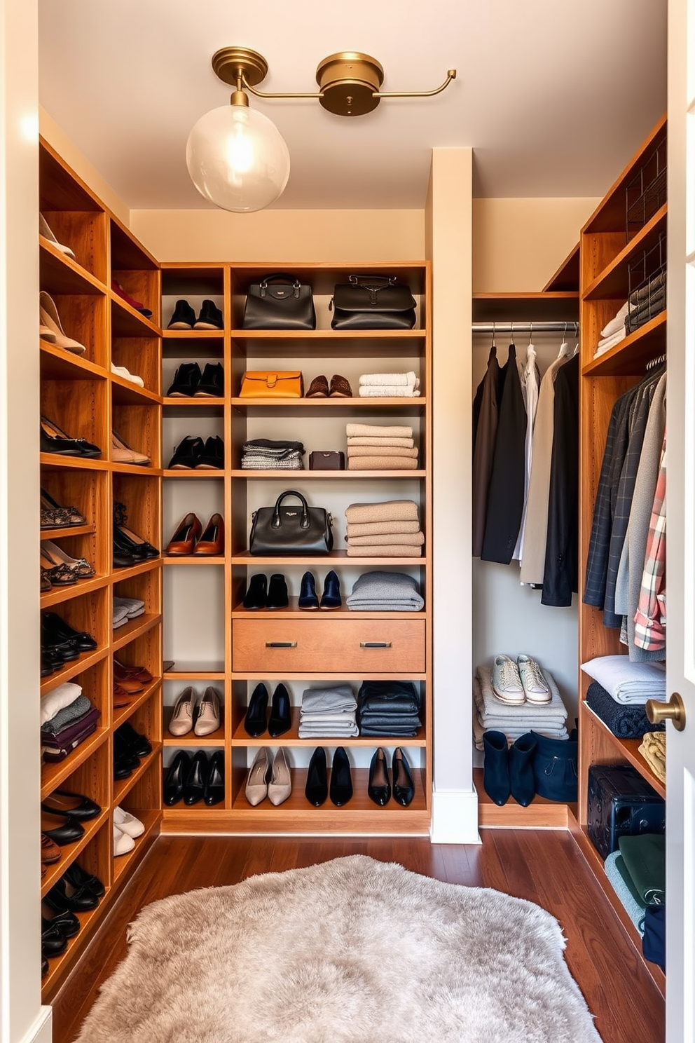 Open shelving for easy access in a townhouse walk-in closet. The shelves are filled with neatly arranged shoes, handbags, and folded sweaters, creating an organized and inviting space. The walls are painted in a soft beige, enhancing the warmth of the wooden shelving. A plush area rug in muted tones adds comfort underfoot, while stylish lighting fixtures illuminate the closet beautifully.