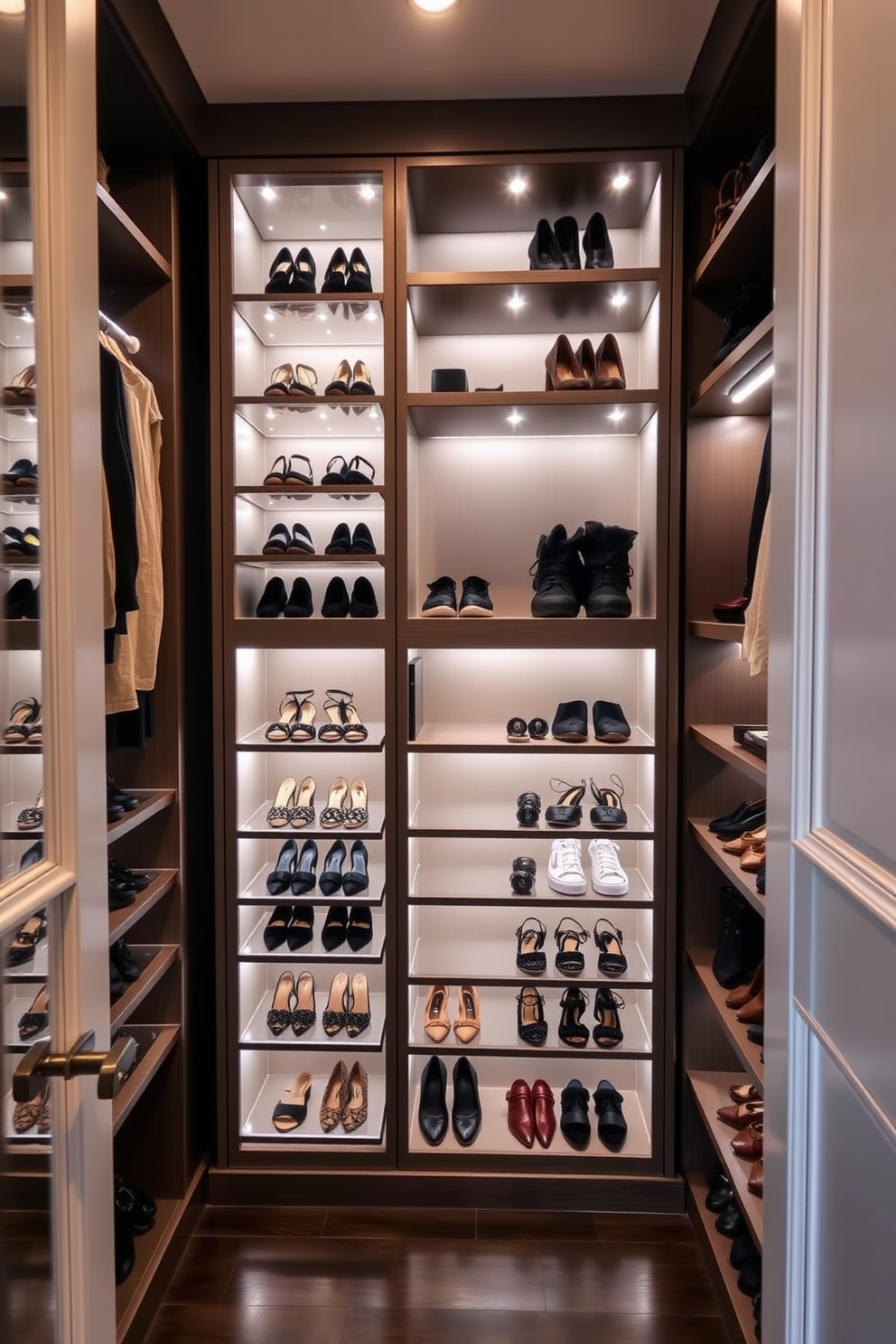 A luxurious townhouse walk-in closet featuring built-in shoe racks with integrated lighting. The shoe racks are elegantly designed with a mix of open and closed storage, showcasing a variety of footwear while maintaining a sleek and organized appearance.