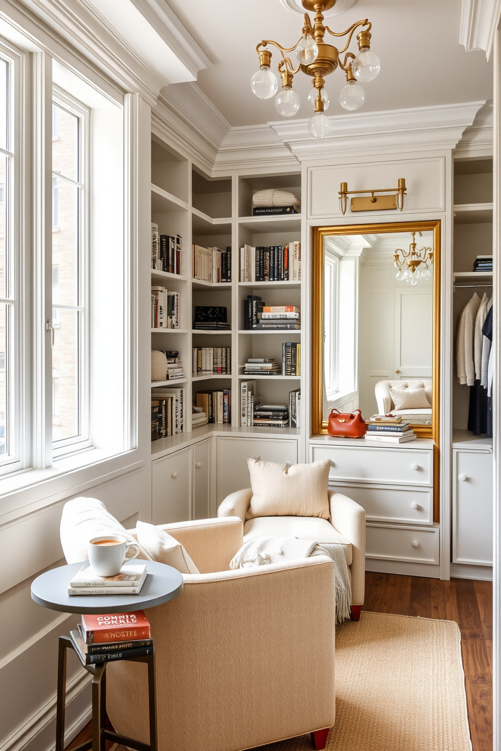 Cozy reading nook by window. A plush armchair in soft beige is positioned next to a large window, allowing natural light to flood the space. A small side table holds a steaming cup of tea and a stack of books. The walls are adorned with shelves filled with various novels and a soft throw blanket drapes over the armchair. Townhouse walk-in closet design ideas. The closet features built-in shelving and hanging space, with a central island for accessories and jewelry. Elegant lighting fixtures illuminate the space, while a full-length mirror adds functionality. The color palette consists of soft whites and warm wood tones, creating a serene and organized environment.