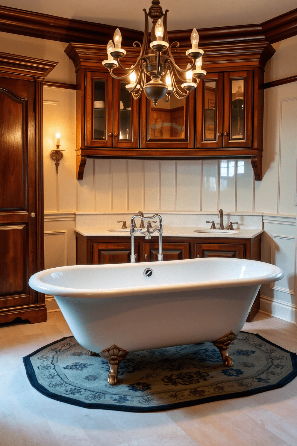 A classic clawfoot bathtub takes center stage in a traditional bathroom setting. The tub is elegantly positioned on a vintage patterned rug, surrounded by soft ambient lighting from a chandelier above. Rich wooden cabinetry complements the space, featuring intricate detailing and antique brass fixtures. The walls are adorned with wainscoting painted in a soft ivory hue, enhancing the timeless charm of the design.