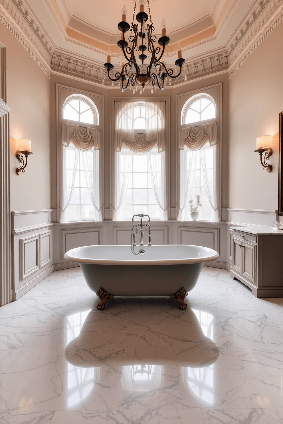 A luxurious traditional bathroom featuring a freestanding soaking tub positioned in the center. The tub is surrounded by elegant marble flooring and classic wainscoting on the walls, creating a serene atmosphere. Soft natural light filters through large windows adorned with sheer curtains. Antique-style fixtures and a vintage chandelier add a touch of sophistication to the overall design.