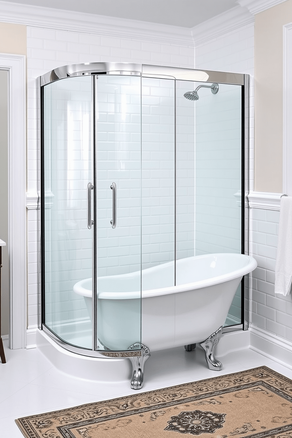 A stylish glass shower enclosure with sleek chrome trim stands prominently in the corner of a traditional bathroom. The walls are adorned with classic white subway tiles, and a vintage-inspired clawfoot tub rests elegantly on a patterned area rug.