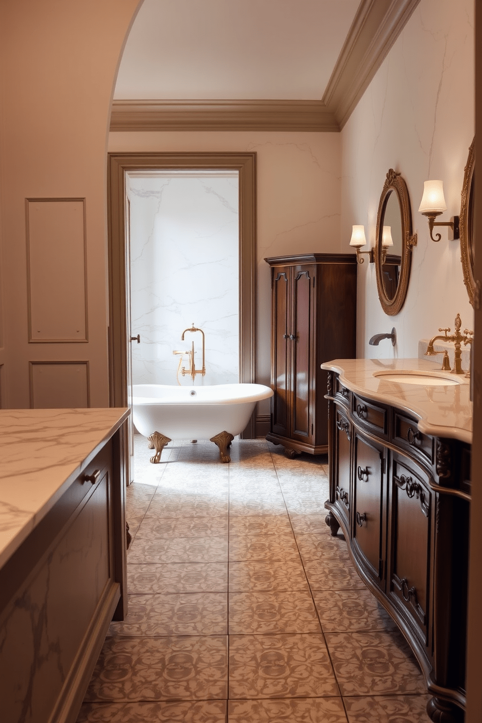 A traditional bathroom featuring marble countertops that exude classic elegance. The space includes a freestanding bathtub with elegant claw feet and a vintage-style faucet. Soft lighting illuminates the room, highlighting the intricate tile work on the floor. A wooden vanity complements the marble with ornate detailing and polished brass fixtures.