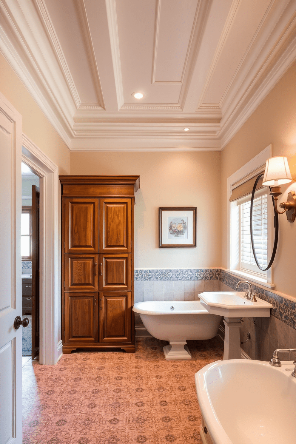 A traditional bathroom design featuring elegant crown molding that enhances the ceiling height and adds a refined touch. The space includes a freestanding soaking tub with vintage-style fixtures and a classic pedestal sink complemented by intricate tile work. Rich wood cabinetry provides ample storage while showcasing detailed craftsmanship. Soft, warm lighting illuminates the room, creating a cozy atmosphere that invites relaxation.