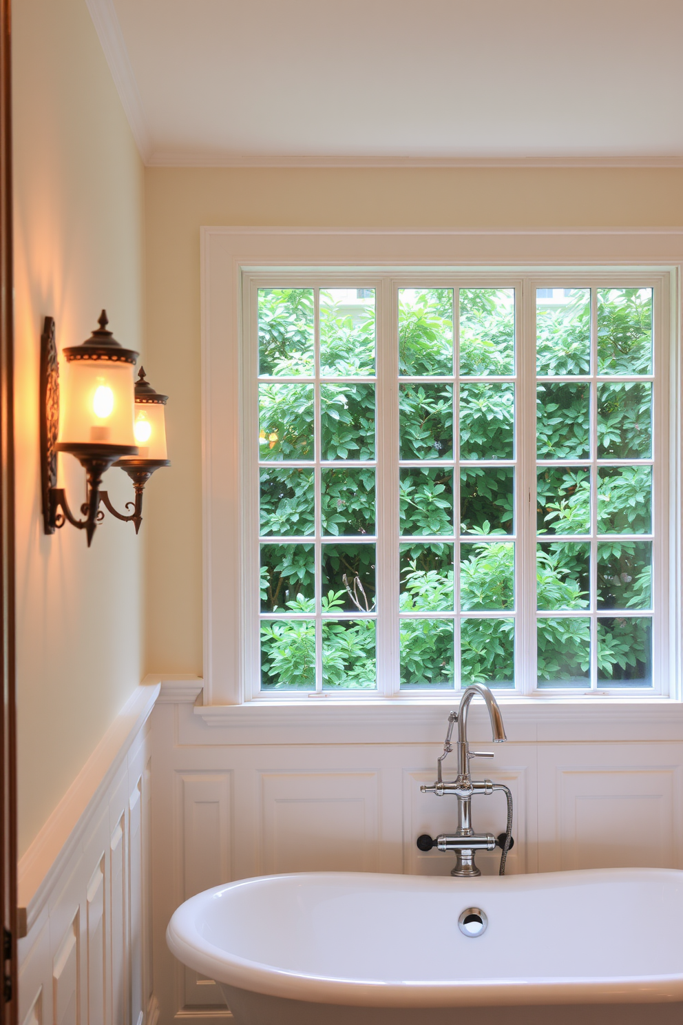 A traditional bathroom setting featuring decorative sconces that provide warm ambient lighting. The sconces are elegantly designed with intricate details and soft-glowing bulbs, enhancing the overall charm of the space. The walls are adorned with classic wainscoting, painted in a soft ivory hue. A freestanding soaking tub sits beneath a large window, surrounded by lush greenery for a serene atmosphere.