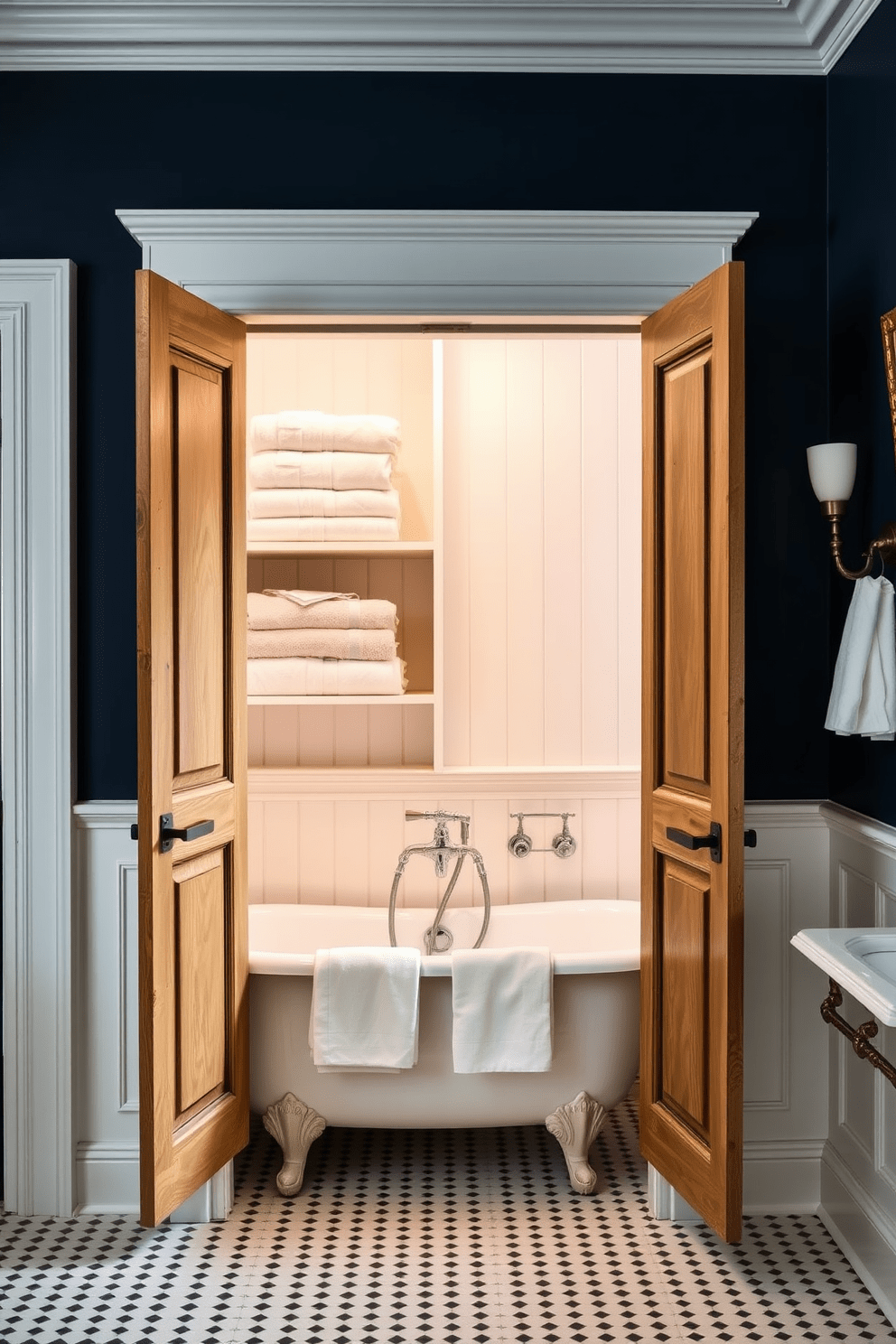 A charming linen closet with antique wooden doors opens to reveal neatly stacked towels and linens in soft pastel colors. The closet is framed by elegant crown molding, enhancing the traditional aesthetic of the space. The bathroom features a classic clawfoot tub surrounded by vintage-inspired fixtures. Soft white wainscoting contrasts with rich navy blue walls, creating a timeless and inviting atmosphere.