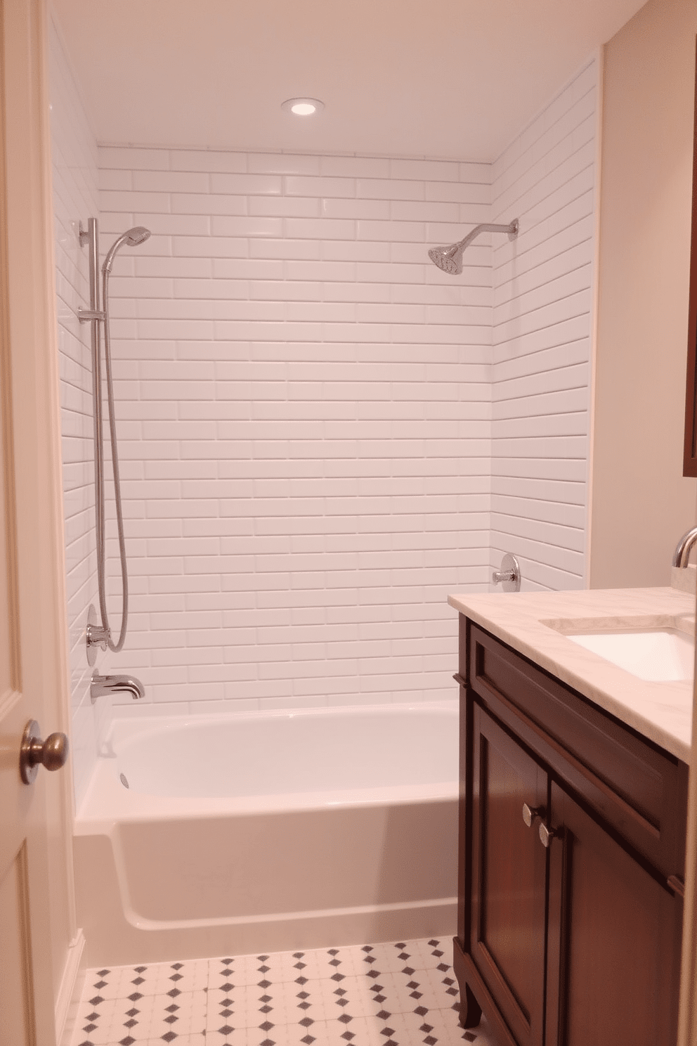 A classic subway tile surrounds the shower and bath area, providing a timeless and clean aesthetic. The fixtures are polished chrome, complementing the white porcelain tub and sink. A wooden vanity with a marble top adds warmth and elegance to the space. Soft, ambient lighting illuminates the room, enhancing the inviting atmosphere.