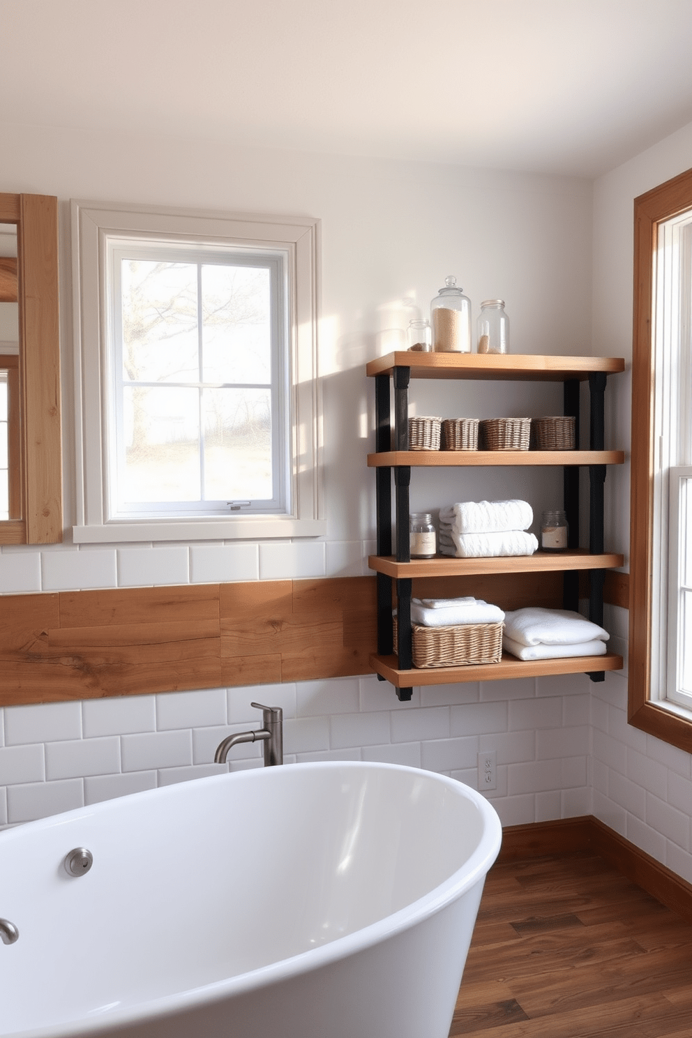 Rustic wooden shelving made from reclaimed wood is installed against the wall, providing ample storage for towels and toiletries. The shelves are adorned with decorative baskets and vintage jars, adding a charming touch to the space. The bathroom features classic white subway tiles that extend halfway up the walls, complemented by a deep soaking tub with a brushed nickel faucet. A large window allows natural light to flood the room, enhancing the warm tones of the wood and creating a serene atmosphere.