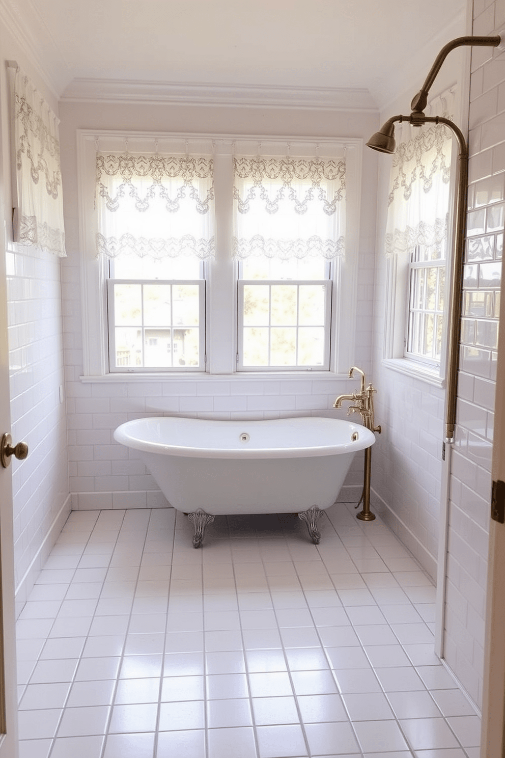 Charming window treatments with lace adorn the windows of a traditional bathroom. The soft, flowing lace gently filters natural light, creating a warm and inviting atmosphere. The bathroom features classic white subway tiles that extend from the floor to the ceiling. A vintage clawfoot tub sits elegantly in the corner, complemented by a polished brass shower fixture.