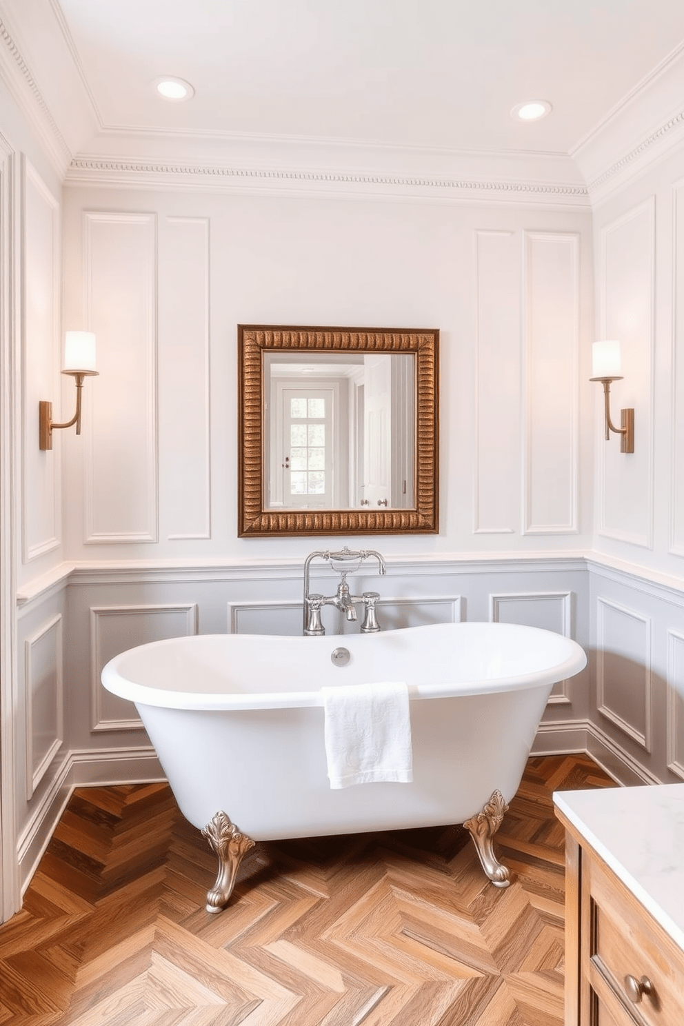 Elegant wainscoting enhances the classic charm of the bathroom, creating a sophisticated backdrop. The walls are adorned with crisp white paneling that adds depth and texture to the space. A freestanding soaking tub takes center stage, surrounded by elegant fixtures and soft lighting. The floor features herringbone-patterned wood, complementing the warm tones of the wainscoting.