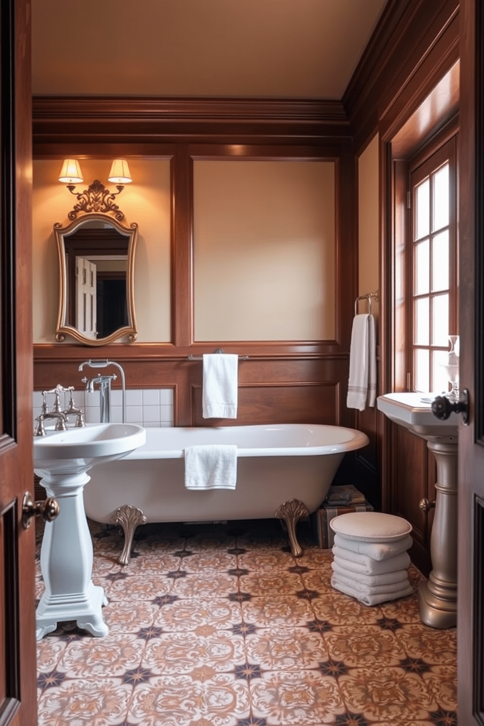 A traditional bathroom design featuring vintage-style faucets that exude an authentic feel. The space includes a freestanding clawfoot bathtub, complemented by a classic pedestal sink and intricate tile work on the floor. Soft, warm lighting illuminates the room, enhancing the rich wooden cabinetry and decorative moldings. Elegant accessories like a vintage mirror and plush towels complete the inviting atmosphere.