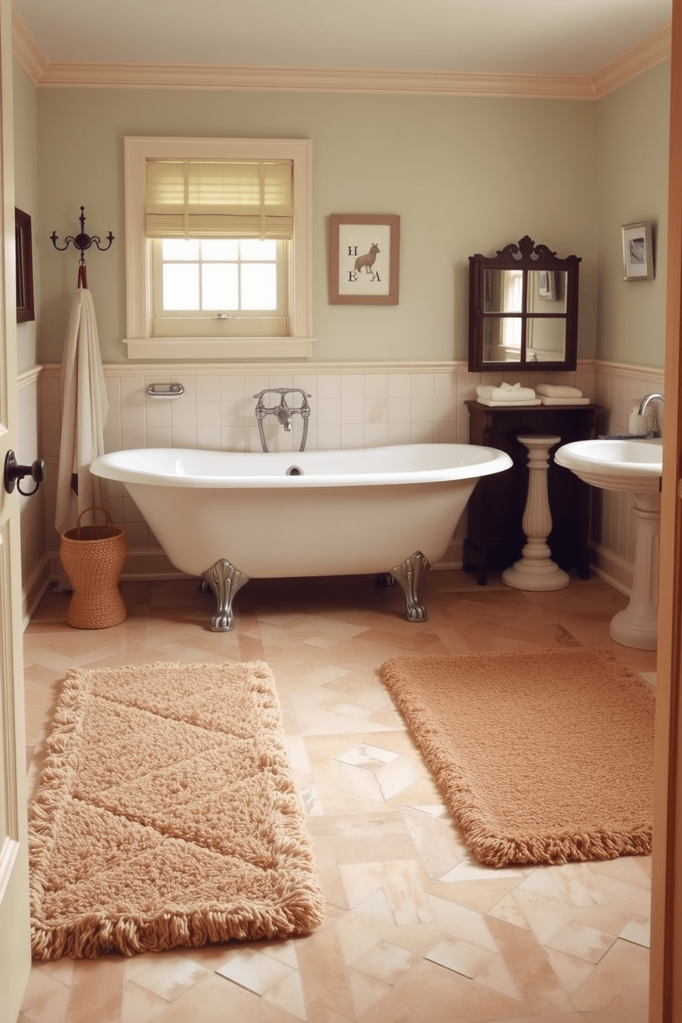 A traditional bathroom design featuring soft area rugs that provide comfort underfoot. The space includes a clawfoot bathtub, vintage fixtures, and a classic pedestal sink, all complemented by warm, neutral tones.