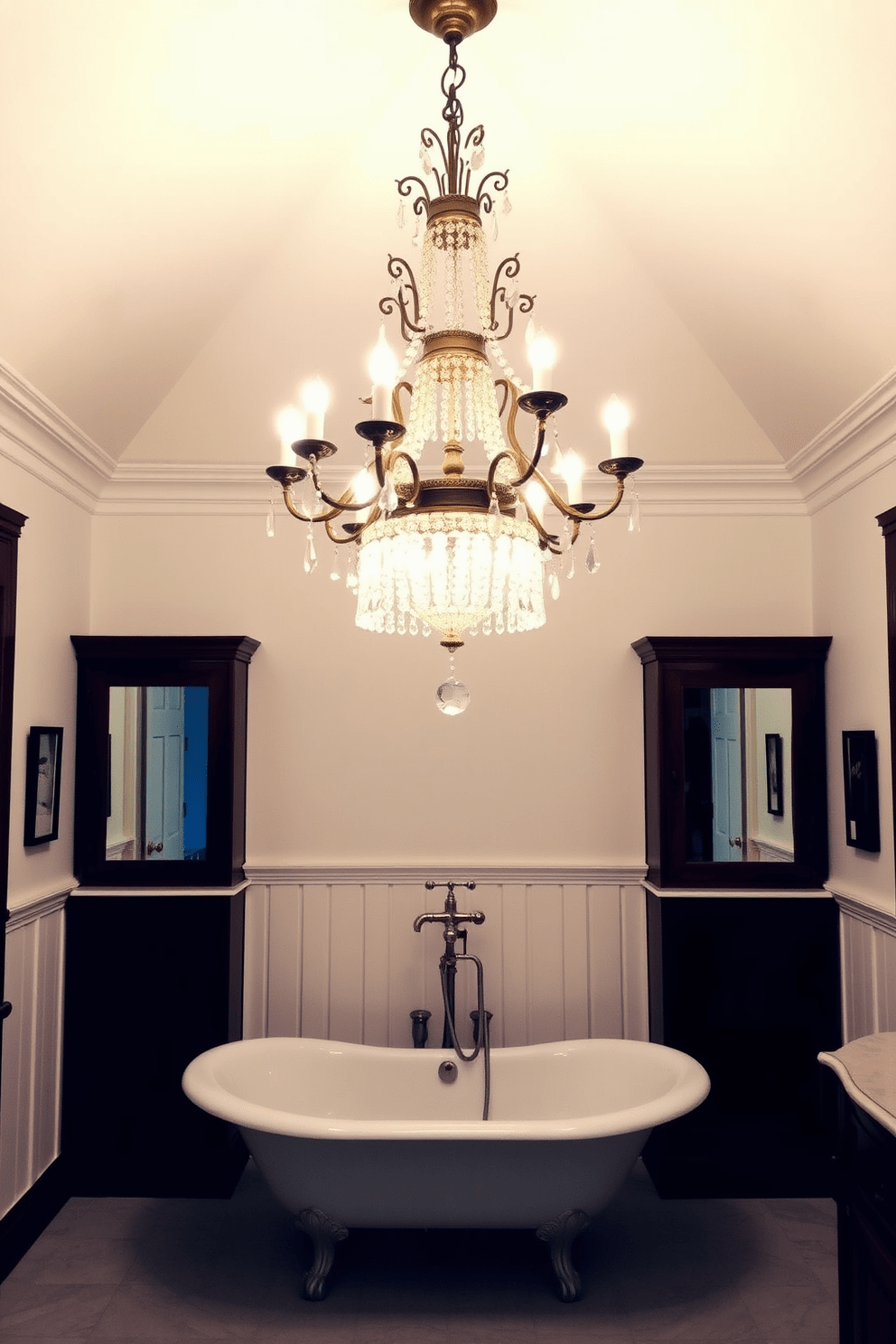 An elegant chandelier hangs gracefully in the center of the ceiling, casting a warm glow throughout the room. The intricate design of the chandelier features crystal accents that reflect light beautifully, adding a touch of luxury. The bathroom is designed with classic elements, including a freestanding clawfoot tub and vintage fixtures. Soft white wainscoting contrasts with rich dark wood cabinetry, creating a timeless and inviting atmosphere.