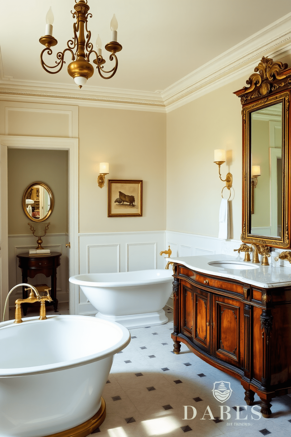 A traditional bathroom featuring elegant brass accents that create a warm and inviting glow. The space includes a freestanding soaking tub with a vintage-style brass faucet and a chandelier overhead that complements the overall aesthetic. The walls are adorned with classic white wainscoting and a soft pastel paint color that enhances the traditional feel. A double vanity with a polished wood finish showcases intricate detailing, paired with brass fixtures and a large framed mirror above.