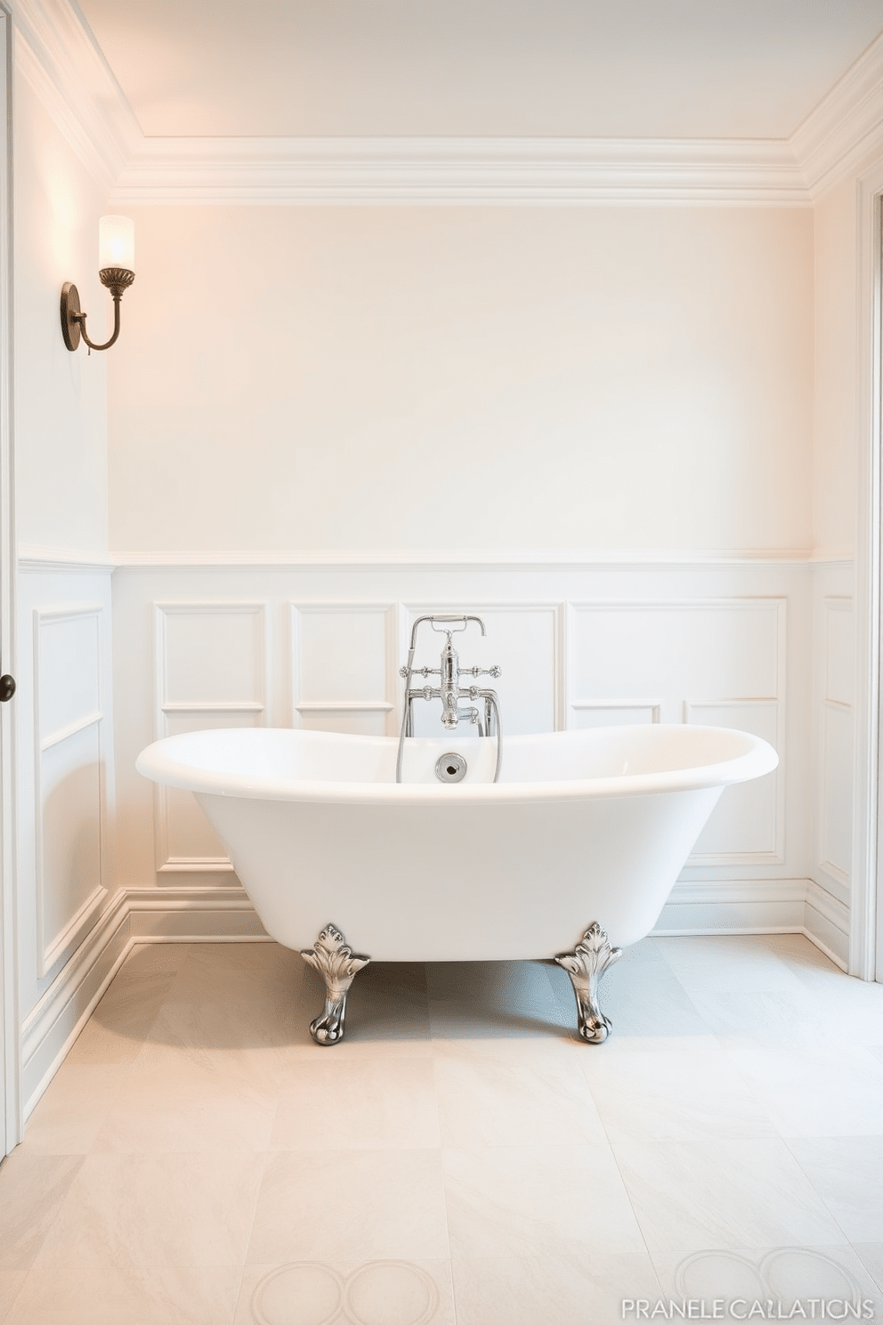 A refined traditional bathroom featuring detailed baseboards that enhance the elegance of the space. The walls are adorned with classic wainscoting, and the color palette consists of soft whites and muted pastels. The centerpiece is a freestanding clawfoot bathtub with a polished chrome faucet. Flanking the tub are vintage-style sconces that provide warm ambient lighting, creating a cozy atmosphere.